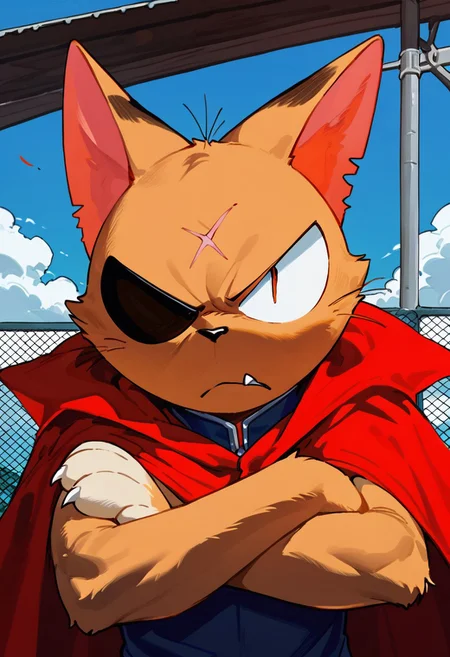 matatabi_ckc, solo, furry male, furry, looking away, orange fur, red cape, eyepatch, male, cat, scar, annoyed, bored, narrowed eyes, half closed eyes, closed mouth, crossed arms, looking at viewer, fangs, 1 eye, eye, backward, fence, (((score_9, score_8, score_7, high quality, high detail, detailed face, good anatomy)))