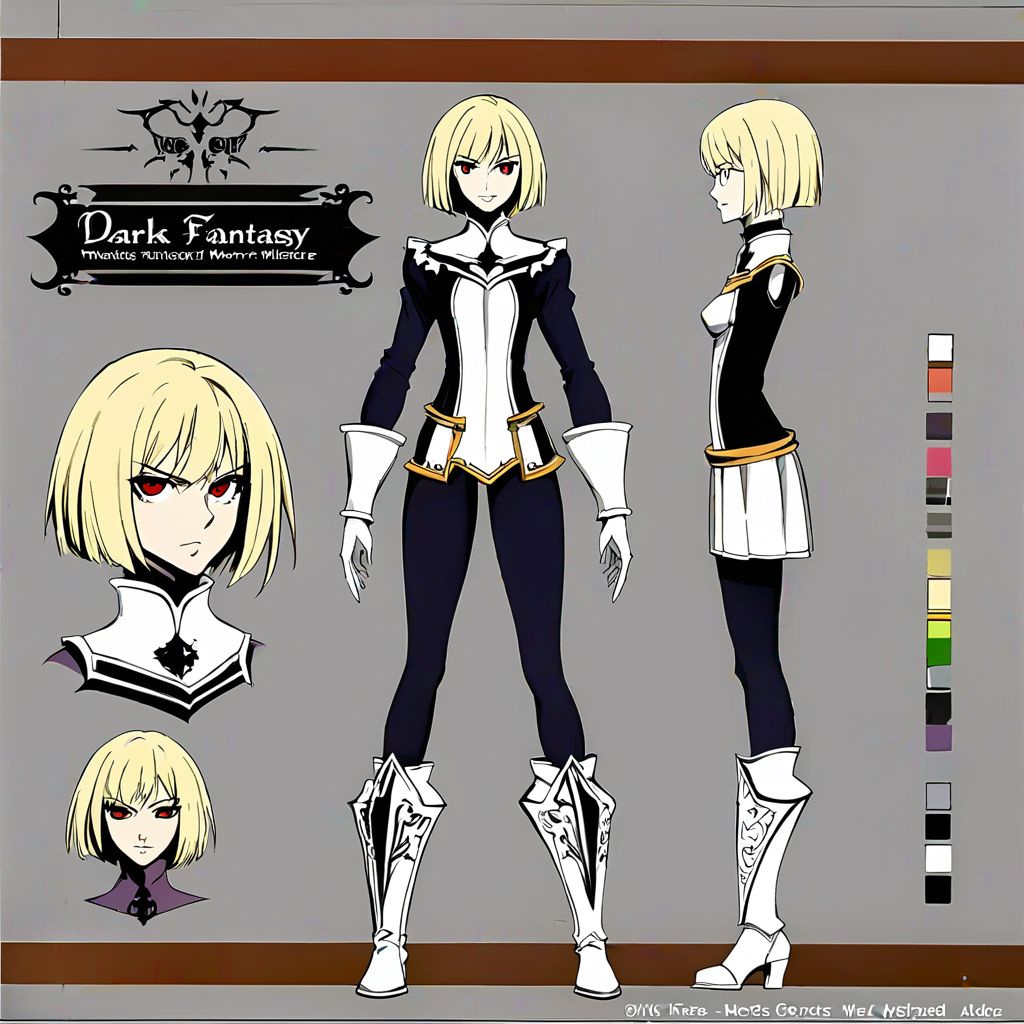 anime, 1girl, blonde short hair, red eyes, white armor shirt,  black short shirt, white short skirt, black pants,   white long boots, villainess, slim body, small breasts, serious face, goth, evil, model sheet, chara-sheet, simple background, medieval fantasy, DarkFantasy. multiple views of the same character,model sheet,chatacter sheet