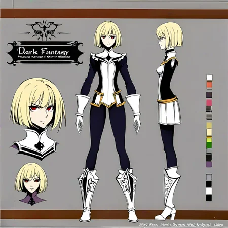 anime, 1girl, blonde short hair, red eyes, white armor shirt, black short shirt, white short skirt, black pants, white long boots, villainess, slim body, small breasts, serious face, goth, evil, model sheet, chara-sheet, simple background, medieval fantasy, DarkFantasy. multiple views of the same character,model sheet,chatacter sheet