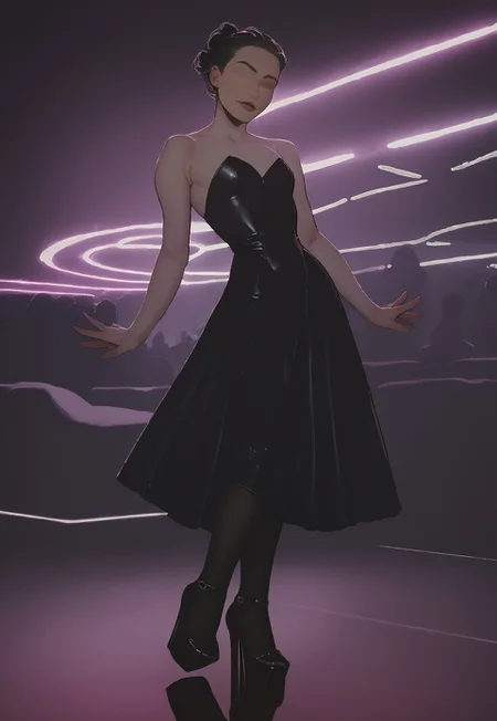 safe_pos, small breasts, tight black dress, petite woman, large head, semi-realistic, score_9, score_8_up, score_8, cinematic lighting, nightclub, neon lights, dancing, black tights, soft leather pumps, soft leather ballet flats, black platform high heels, eyeless, eyeless woman