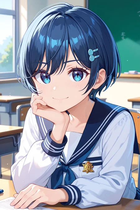 score_max, (score_9, score_8_up, score_7_up:1.0), score_6_up, official art,
masterpiece, absurdres, high detail, 8k,
school, classroom, upper body, close-up,
hand under chin, head rest, serious, smile,
kaorin, hairclip, serafuku,
<lora:XL_Pony_MGCM-kaori-t1:1.0>