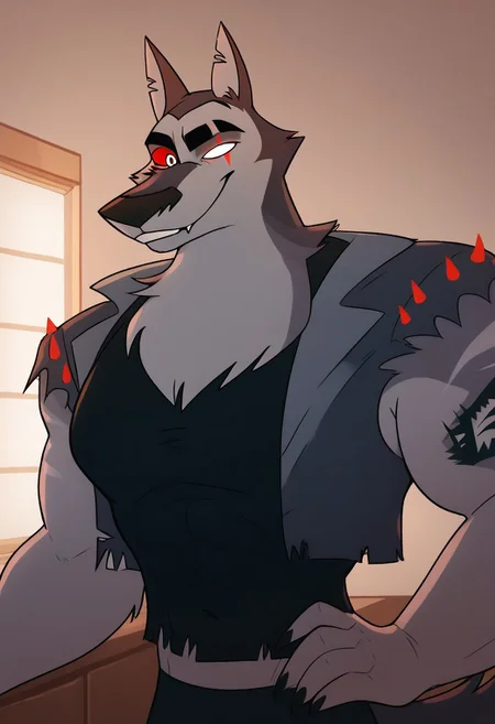 score_9_up, score_8_up, score_7_up, high quality, detailed, male, solo male, VortexHB, 1boy, mature male, anthro, wolf, hellhound, dark gray fur, light underbelly, white eyes, red sclera, colored sclera, scar on left eye, animal ears, broad shoulders, athletic build, thick eyebrows, standing, half body, indoors, looking at viewer, smiling, gray vest, black shirt, pecs, abs, black pants