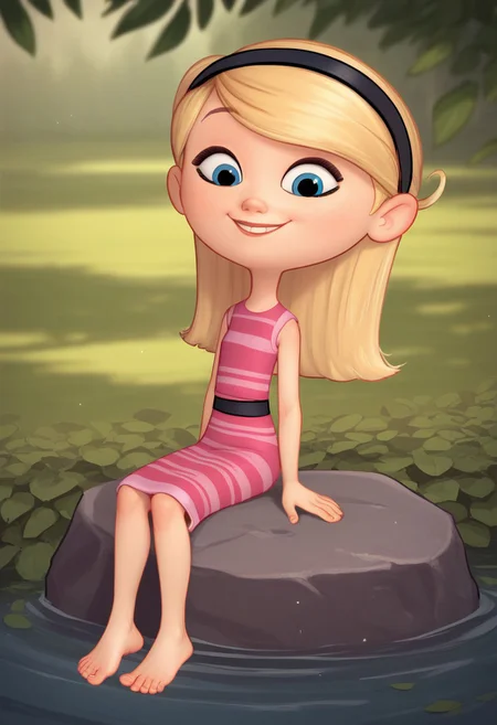 score_9_up, score_8_up, 1girl, solo, PennyPeterson, blonde hair, blue eyes, hairband, pink dress, striped dress, white shirt, sleeveless, barefeet, smiling, sitting on rock, <lora:Penny_Peterson_PXL_Leaf2:1>, outdoors, depth of field, fullbody, focus feet,