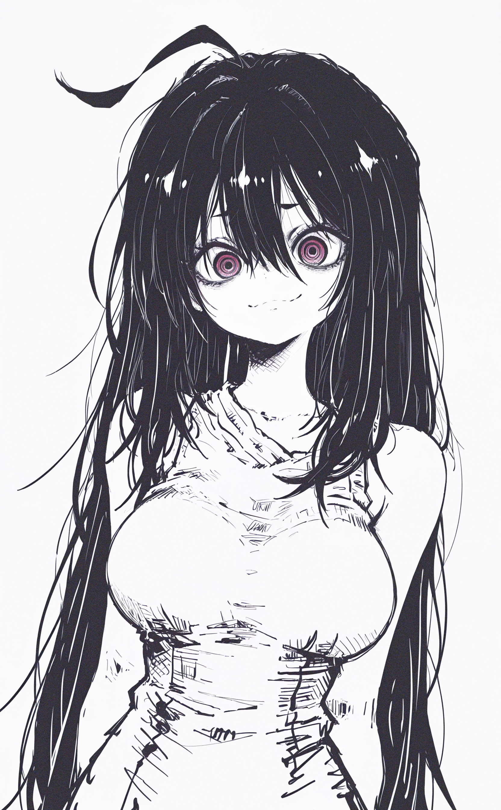 masterpiece, best quality, amazing quality, monochrome, dutch angle, 1girl, solo, (big ahoge:1.2), long hair, black hair, large breasts, ringed eyes, (big eyes:1.2), Thin waist,
hair between eyes,
looking at viewer, smile, closed mouth, arms behind back,
dress,dress sleeveless, bare shoulders, white background, (sketch),
upper body, J4gkB_illu,h4ra_illu,
Flat vector illustration <lora:checkpoint-e18_s306:1.3> <lora:namukijpg_ill:0.7> <lora:J4gkB_style-000019:1> <lora:hara_id_21:1>