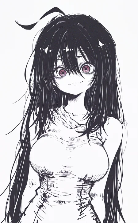 masterpiece, best quality, amazing quality, monochrome, dutch angle, 1girl, solo, (big ahoge:1.2), long hair, black hair, large breasts, ringed eyes, (big eyes:1.2), Thin waist,
hair between eyes,
looking at viewer, smile, closed mouth, arms behind back,
dress,dress sleeveless, bare shoulders, white background, (sketch),
upper body, J4gkB_illu,h4ra_illu,
Flat vector illustration <lora:checkpoint-e18_s306:1.3> <lora:namukijpg_ill:0.7> <lora:J4gkB_style-000019:1> <lora:hara_id_21:1>