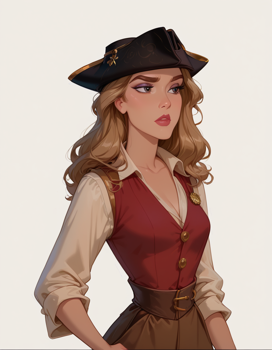 <lora:Disney_Style:.9> <lora:princess_xl_v2:.75> <lora:add-detail-xl:.9> <lora:g0th1cPXL:.3> <lora:Cherry-Gig:.45> <lora:Expressive_H:1> <lora:PLASTT_PonyV6:1> <lora:Elizabeth_Swann_ZairaSass_v1:0.7> score_9, score_8_up, score_7_up, zPDXL, DisneyRenstyle, score_9,score_8_up,score_7_up,score_6_up, 
(white background, plain background, ambient light), (standing, 3/4 view), 
1girl, solo, sexy 18 year old, british girl, (Elizabeth Swann, Pirate Disguise), perfect face, beautiful face, defined cheekbones, defined jawline, light brown hair, thick hair, thick dark eyebrows, dark brown eyes, dark lashes, thin lips, nude colored lips,  
confused expression, narrow eyes, one hand on hip, perfect hands, 5 fingers, slender waist, tall, slender, sexy, 
black tricorne hat, white sleeves, white tunic, red vest, red waistcoat, brown trousers, holding compass, looking at compass,