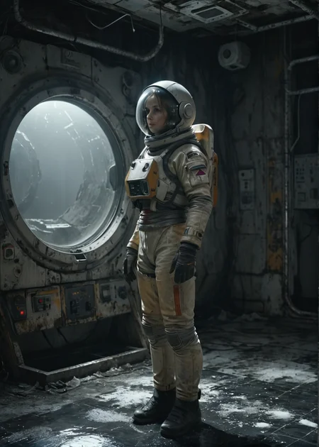 oss artstyle scene where is standing in a dark room with a light shining on her face. It is a dramatic shot, with no color grading <lora:Old Space Station Artstyle - Trigger is OSS Artstyle:1>