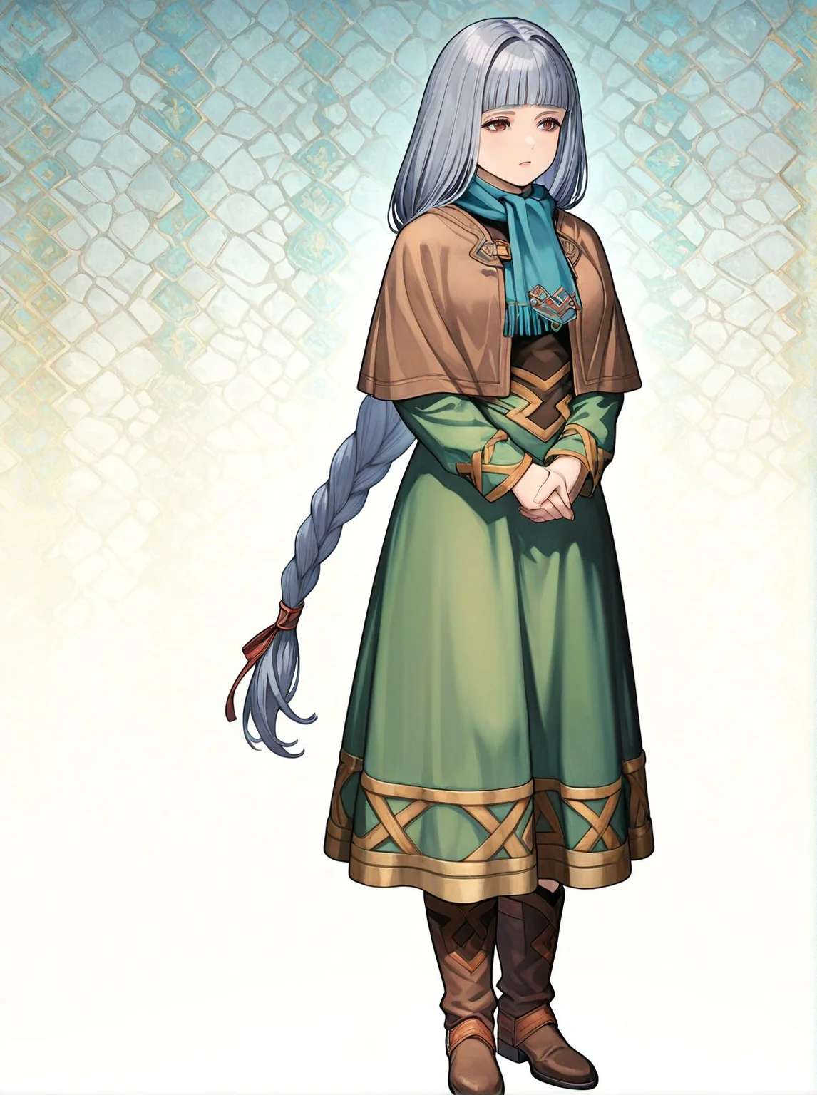 masterpiece,best quality,amazing quality,very aesthetic,absurdres,newest, huge filesize,
<lora:spo_sdxl_10ep_4k-data_lora_webui:0.5>,
<lora:add-detail-xl:1>
valkyrie profile \(series\), official art,
<lora:Valkyrie_ProfileV1_r1:1>Valkyrie ProfileV1,
1girl,
braid,long hair,
single braid,
boots,long sleeves,
bangs,brown footwear,
scarf,dress,blunt bangs,
grey hair,own hands together,
standing,very long hair,
V_Platina,