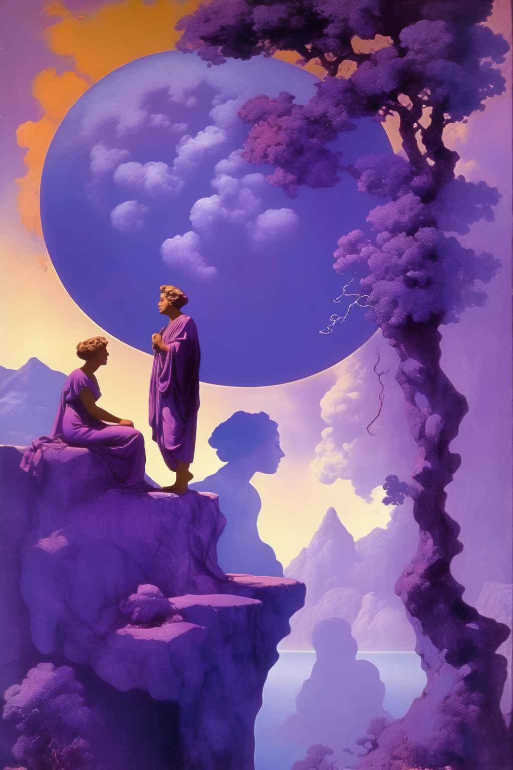 <lora:Maxfield Parrish Style:1>Maxfield Parrish Style - spiritual blue violet and purple world maxfield parrish meets dali