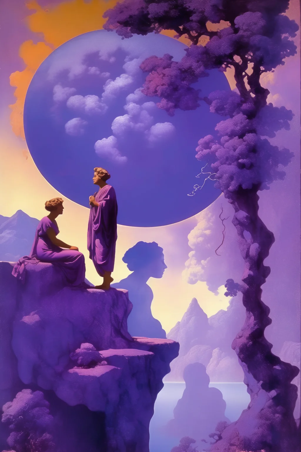 <lora:Maxfield Parrish Style:1>Maxfield Parrish Style - spiritual blue violet and purple world maxfield parrish meets dali