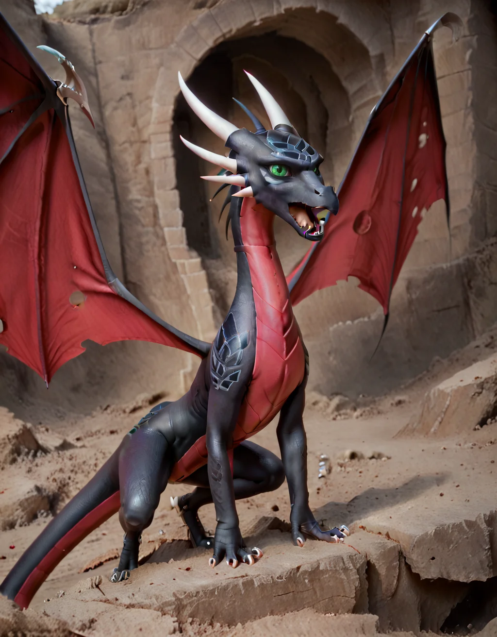 <lora:Adult_Corrupted_Cynder_-_The_legend_of_Spyro:0.7>
cynder, dragon, corrupted, green eyes, female, detailed eyes, solo, perforated wings, ultrarealistic, hyperdetailed, masterpiece, open mouth, black eye contour, full body