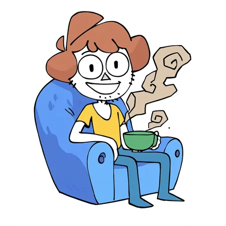 <lora:ShenBluechairv1.0:0.8> score_9, score_8_up, score_7_up, source_cartoon, shen, 1boy, solo, human, white skin, brown hair, triangle nose, whiskers, facial hair, yellow shirt, short sleeves, blue pants BREAK no eyebrows, looking at viewer, smile BREAK full body, sitting on blue armchair, holding cup, steam, round end table BREAK flat colors, white background