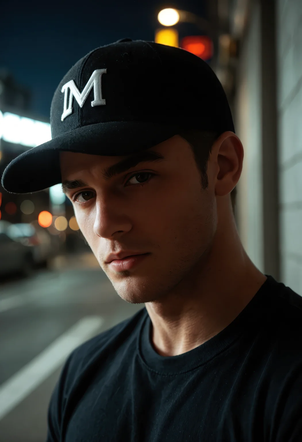 score_9, score_8_up, score_7_up, cinematic photo, 1boy, male focus, solo, upper body, wearing hat, baseball cap, black headwear, black shirt, dim lighting, soft shadows, urban night setting, high-resolution, photorealistic, sharp focus, dramatic contrast, subtle highlights, moody atmosphere