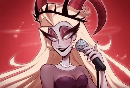 lilith, purple eyes, half-closed eyes, black lips, blonde hair, pearl necklace, demon horns, grey/gray skin, grey sclera, black crown, evil eyes, purple dress, heart floating, heart-shaped pupils, aroused, heart eyes, hearts floating, 1girl, solo, microphone, singing, red background