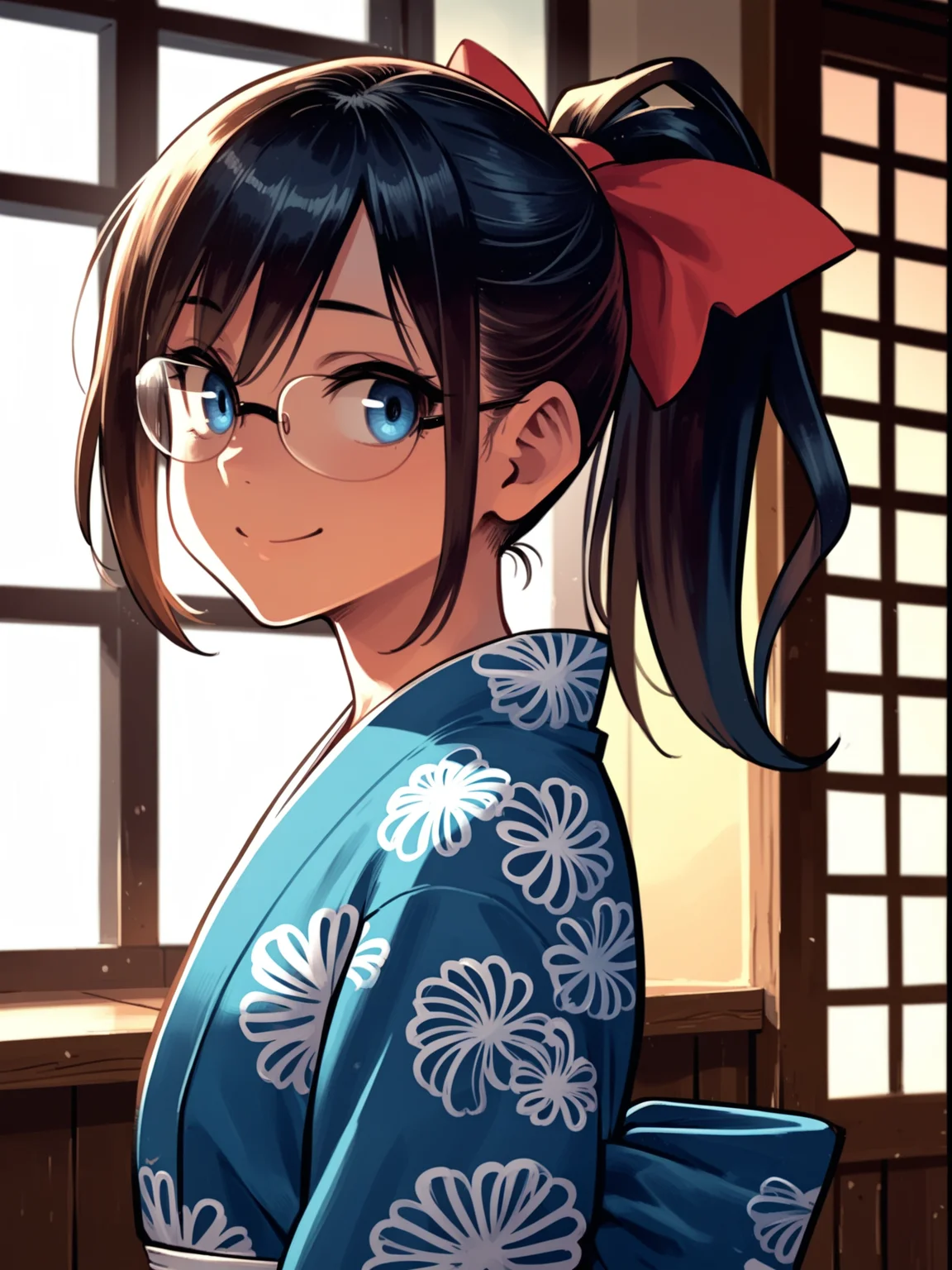 t <lora:happy_tentacle-halloweengirl-v0.1-000045:1>, ht_halloweengirl, flat chest, blue eyes, yukata, ponytail, hair bow, glasses , indoors, 1girl, solo, portrait , unusually open eyes , ( seductive smile :1.2), , looking back , standing , from side , score_9, score_8_up, score_7_up, score_6_up, score_5_up, score_4_up