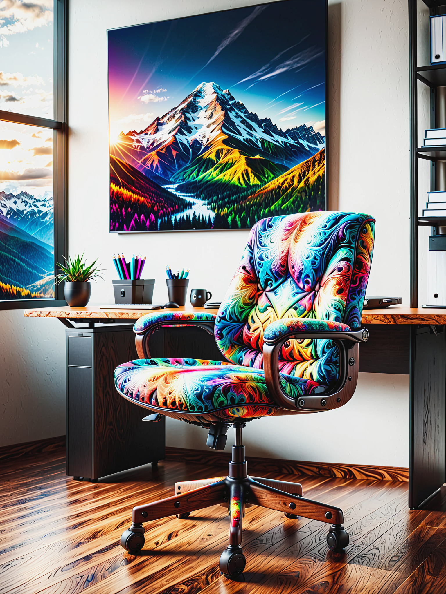 colorful mad-frctl office chair and wooden desk in an expensive office, photograph of a mountain on the wall, cinematic shot, cinematic shot, great lighting <lora:Colorful_Fractal_SDXL:1>, (masterpiece:1.2), best quality