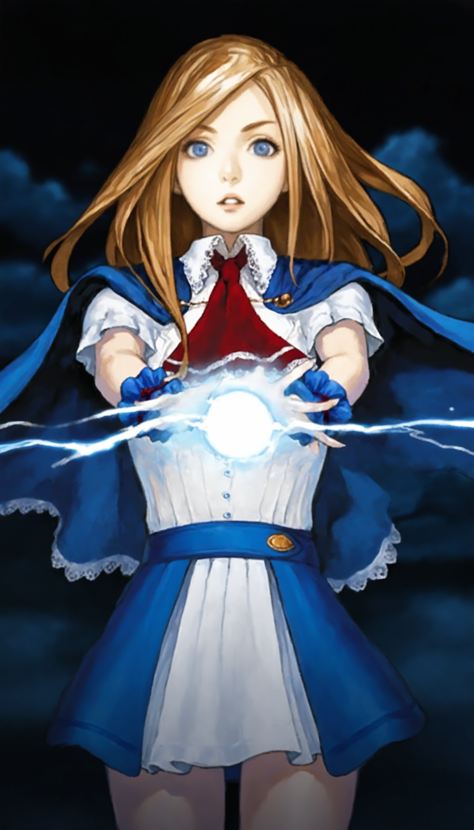 masterpiece,best quality,amazing quality,
<lora:charlotteAullinNAI:1>,charlotteaulin,
1girl,solo,
brown hair,long hair,
blue eyes,looking at viewer,parted lips,
blue cape with white lace trim,white dress,white lace trim collar,red tie with white lace trim,short puffed sleeves,blue wrist cuffs,
blue overskirt,
reaching out with holding lightning ball,energy ball,
blurry background,depth of field,vignetting,light particles,black background,cloud,night,(fog:1.1),dark,
