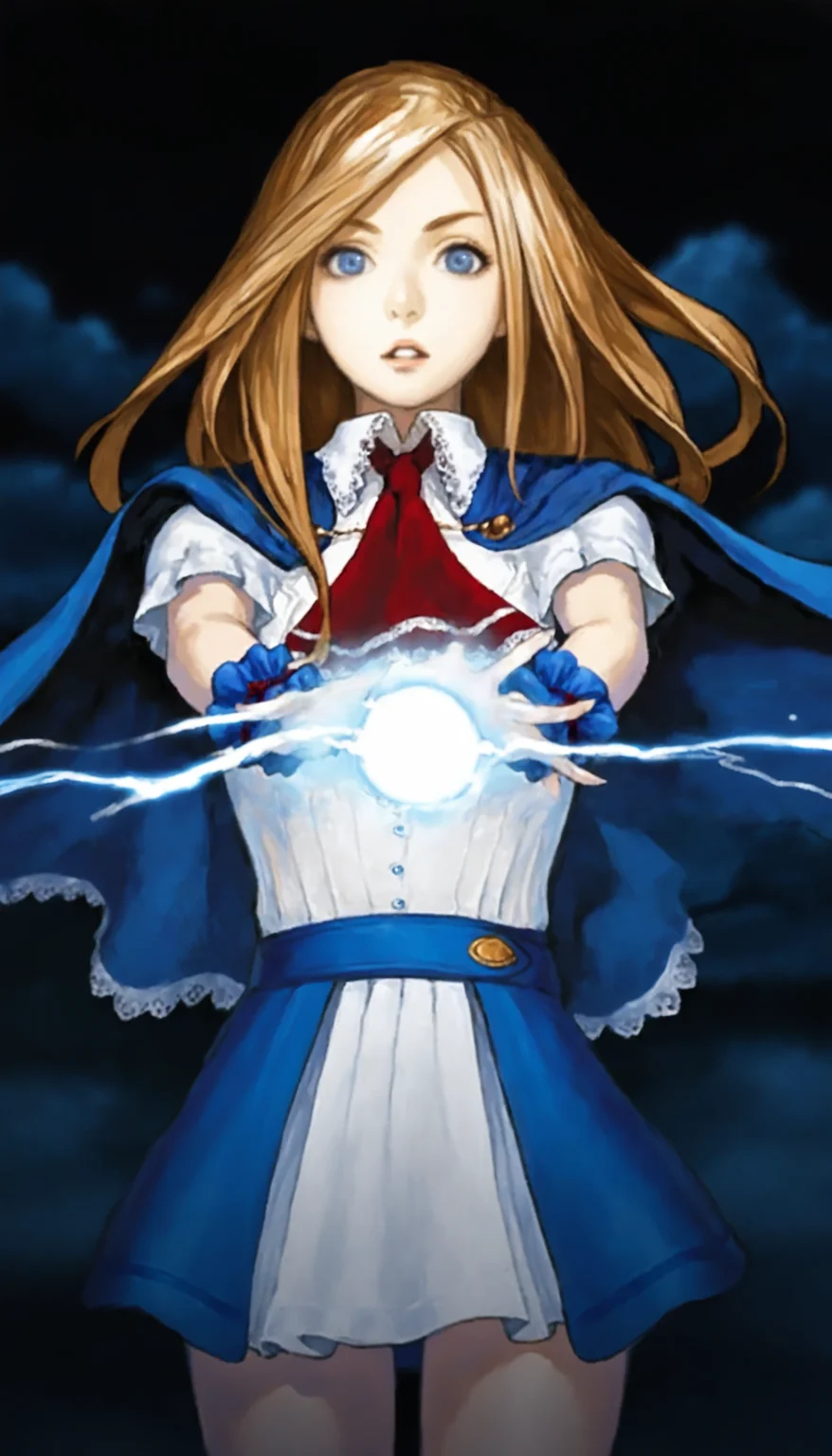 masterpiece,best quality,amazing quality,
<lora:charlotteAullinNAI:1>,charlotteaulin,
1girl,solo,
brown hair,long hair,
blue eyes,looking at viewer,parted lips,
blue cape with white lace trim,white dress,white lace trim collar,red tie with white lace trim,short puffed sleeves,blue wrist cuffs,
blue overskirt,
reaching out with holding lightning ball,energy ball,
blurry background,depth of field,vignetting,light particles,black background,cloud,night,(fog:1.1),dark,