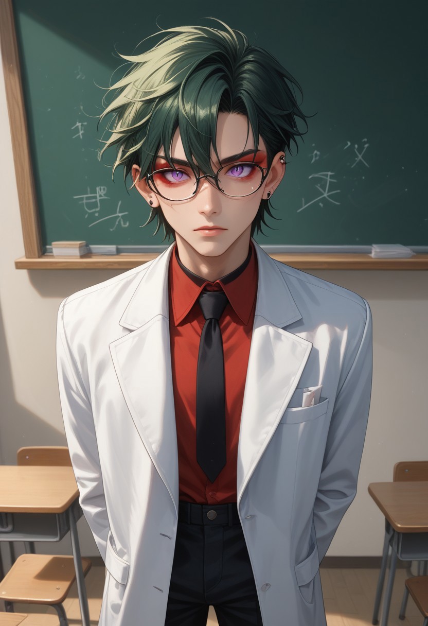 ( Score_9, Score_8, Score_7, perfect eyes, perfect face, perfect ears, perfect anatomy, thin waist, intricate details, full body, male focus,BREAK,
1boy, AntherimA,circular purple eyes, slit pupils, dark green hair, hair between eyes, asymmetrical hair parting, red_eyeshadow, (1_earstud_left_side), school uniform, red shirt, navy trousers, black tie, Lab coat , thin frame glasses, black_choker, black nail varnish, hand on glasses, propping up glasses,BREAK,
School setting, classroom, blackboard, high angle, extremely dark, extreme shadows,