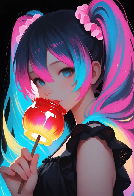 masterpiece, best quality, very aesthetic, hatsune miku, pink hair scrunchie, (licking:0.8), black nightgown, frills, short sleeves, holding candy apple, glowing candy apple, black background, colorful, glowing hair, looking at viewer, portrait, from side