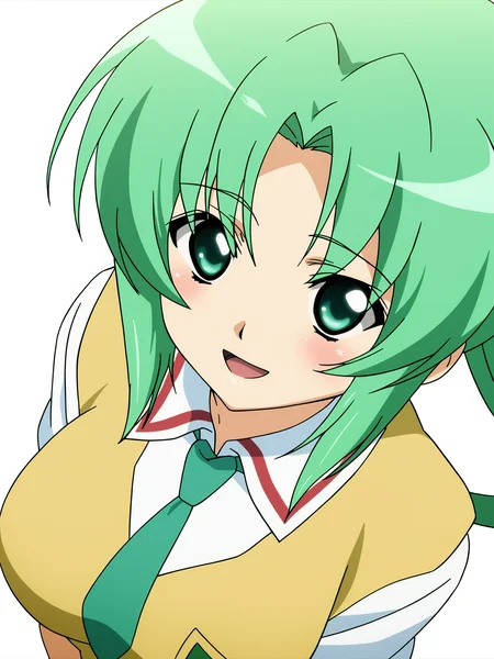 higurashikira, anime screencap, anime coloring, 1girl, solo, smile, open mouth, shirt, green eyes, school uniform, ponytail, :d, necktie, green hair, green necktie, sonozaki_mion, ((simple_background, white_background)), looking_at_viewer, blush, closed_mouth, upper_body, from_above, 
(masterpiece, best quality, absurdres, highres, newest:1.2), very awa, 