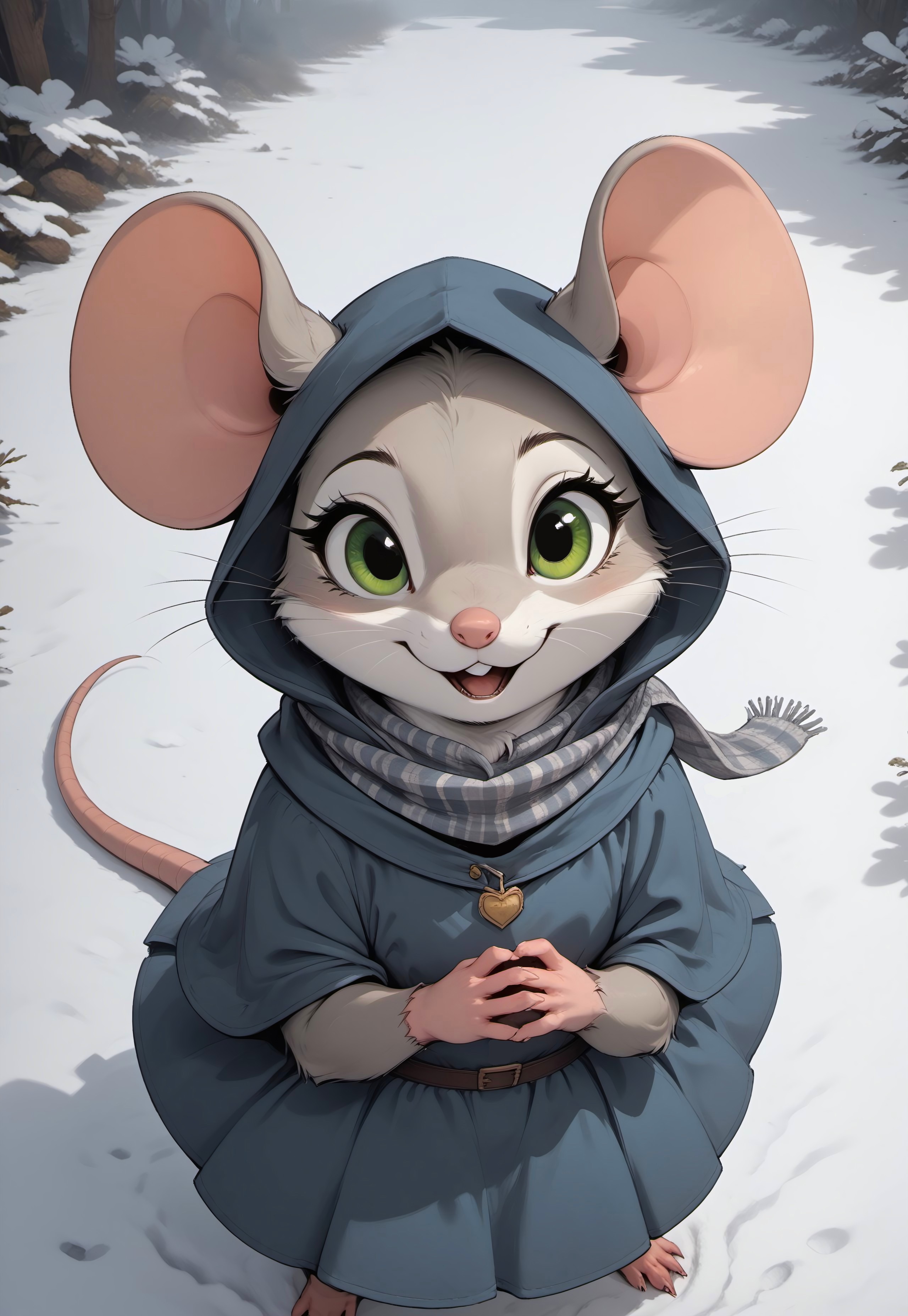 score_9, score_8_up, score_7_up, score_6_up, score_5_up, score_4_up, 

[][][][],

m0use_goldie, (grey fur, green eyes, grey ears), (((mouse))),

[][][][],

(feral:1.3), (cute:1.5), tail, blue dress, (scarf, dark grey hooded cloak:2), (((arms crossed)), looking at viewer, standing, open mouth), feet,

[][][][],

outdoors, forest, (snow), wind, (head focus:1.2), ((high angle view, from above:1.3)), simple background, 