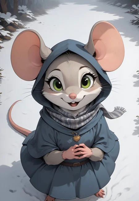 score_9, score_8_up, score_7_up, score_6_up, score_5_up, score_4_up, 

[][][][],

m0use_goldie, (grey fur, green eyes, grey ears), (((mouse))),

[][][][],

(feral:1.3), (cute:1.5), tail, blue dress, (scarf, dark grey hooded cloak:2), (((arms crossed)), looking at viewer, standing, open mouth), feet,

[][][][],

outdoors, forest, (snow), wind, (head focus:1.2), ((high angle view, from above:1.3)), simple background, 