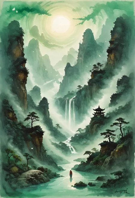 (Ink illustration on parchment, watercolor, ink splashes, Ukiyo-E). ((watercolor)), ((Chinese landscape)), Pagodas, Red-Trees, landscape focus, small figure off-side, Chinese Mountains, Rivers, Clouds, with watercolor washes, (((verdant green landscape))), (((mist, waterfalls))), trees, lush foliage, endless karth mountains that stretch outward to the horizon, a lone woman traversing the landscape!! wearing a bright blue cloak to make the miniscule figure stand out in a landscape dotted with the ruins of an ancient destroyed civilisation, crumbling stone, degraded buildings and temple, a long magical aurora borealis stretching across the sky, a broken moon high in the sky partially turned into an asteroid belt, a Saturn-like ringed-planet world, flickers of magical energy illuminating the land, in the far distance a giant wall of smoke is rising from the shattered earth in which a multitude of faces are forming and screaming, Ink splashes, rough ink sketch, Ghibli style, high contrast, stylized, dark skin, close up on face, head and shoulder, leather medieval top with lowered hood, Art Nouveau Style, detailxl, BadDream, dioramas,