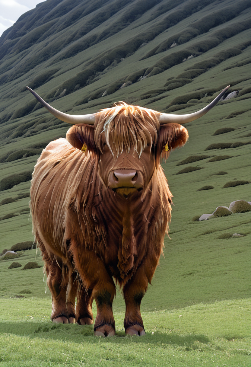masterpiece, best quality,    zzCow, solo, standing, outdoors, day, grass,  <lora:HighlandCow_IXL:1.0>,