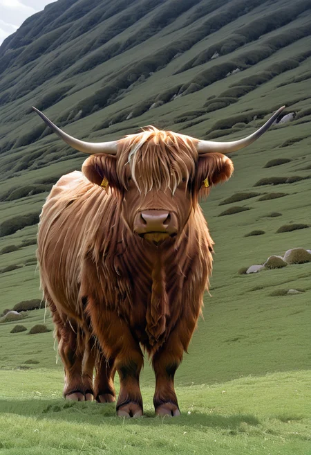 masterpiece, best quality, zzCow, solo, standing, outdoors, day, grass, <lora:HighlandCow_IXL:1.0>,