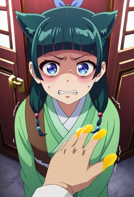 1girl, maomao, <lora:maomao_ponyxl_v1:1>, solo, green hair, long hair, blue eyes, BREAK
pov hand, maomao, animal ears, blunt bangs, clenched teeth, shaded face, teeth, yellow liquid, yellow liquid on two fingers, trembling, wooden door, sliding doors, freckles, light green hanfu, default clothes, chinese clothes, long sleeves, default hairstyle, hair ribbon, blue ribbon, sidelocks, hair beads, hair over shoulder, disgust, low twintails, BREAK
score_9, score_8_up, score_7_up, score_6_up, anime, BREAK
(high quality, detailed, beautiful), shiny, detailed beautiful eyes, outstanding, countershading, detailed soft lighting