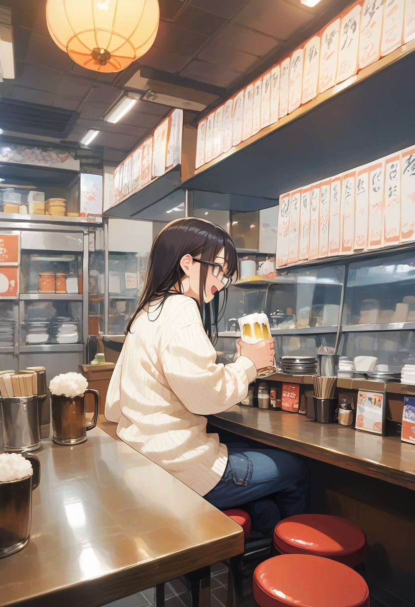 score_9, score_8_up, score_7_up, rating_safe, masterpiece, best quality, absurdres, unity 8k wallpaper, official art, official style, source_anime, game cg, megami magazine,
1girl, solo, glasses, black hair, long hair, white ribbed sweater, jeans, bag, happy, smile, looking at another, open mouth, solo focus, sitting, beer mug, from behind, 
sakaba, indoors, tiles, chair, tile floor, ceiling light, table, window, cup, sitting, solo, japanese architecture, japan, counter
 <lora:taisyu_sakaba_indoors1_pony_V2:1>