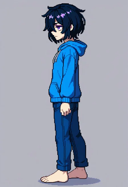 stands at full height, solo, flat 2D animation, vector animation, Pixel_Art, 35 years old, thin, medium length hair, black hair color, disheveled, bags under the eyes, purple eyes, in a baggy dark blue sweatshirt, dirty dark blue jeans, Pixel Art, side focus, male focus, side view, half-turned, feet visible, barefoot