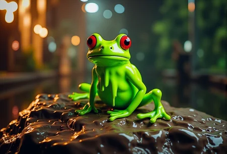 bv-colpaidri. A frog sitting on a rock, with fluorescent paint vibrantly running down its body, juxtaposed against a softly blurred jungle setting, with bright reflections, <lora:bv-colorful-paint-dripping-v1.safetensors:1.0:1.0>