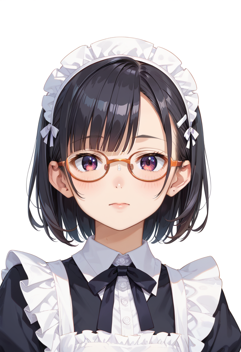 score_9, score_8_up, score_7_up, rating_safe, masterpiece, best quality, absurdres, unity 8k wallpaper, official art, official style, source_anime, uncensored, game cg, megami magazine,
1girl, solo, black hair, medium hair, upper body, covered eyes,maid, maid headdress, black dress, maid apron, face focus,
oval_metal, glasses, still life, white background, simple background, orange-framed eyewear,
 <lora:glasses_OvalMetal2_PONY_V1:1>