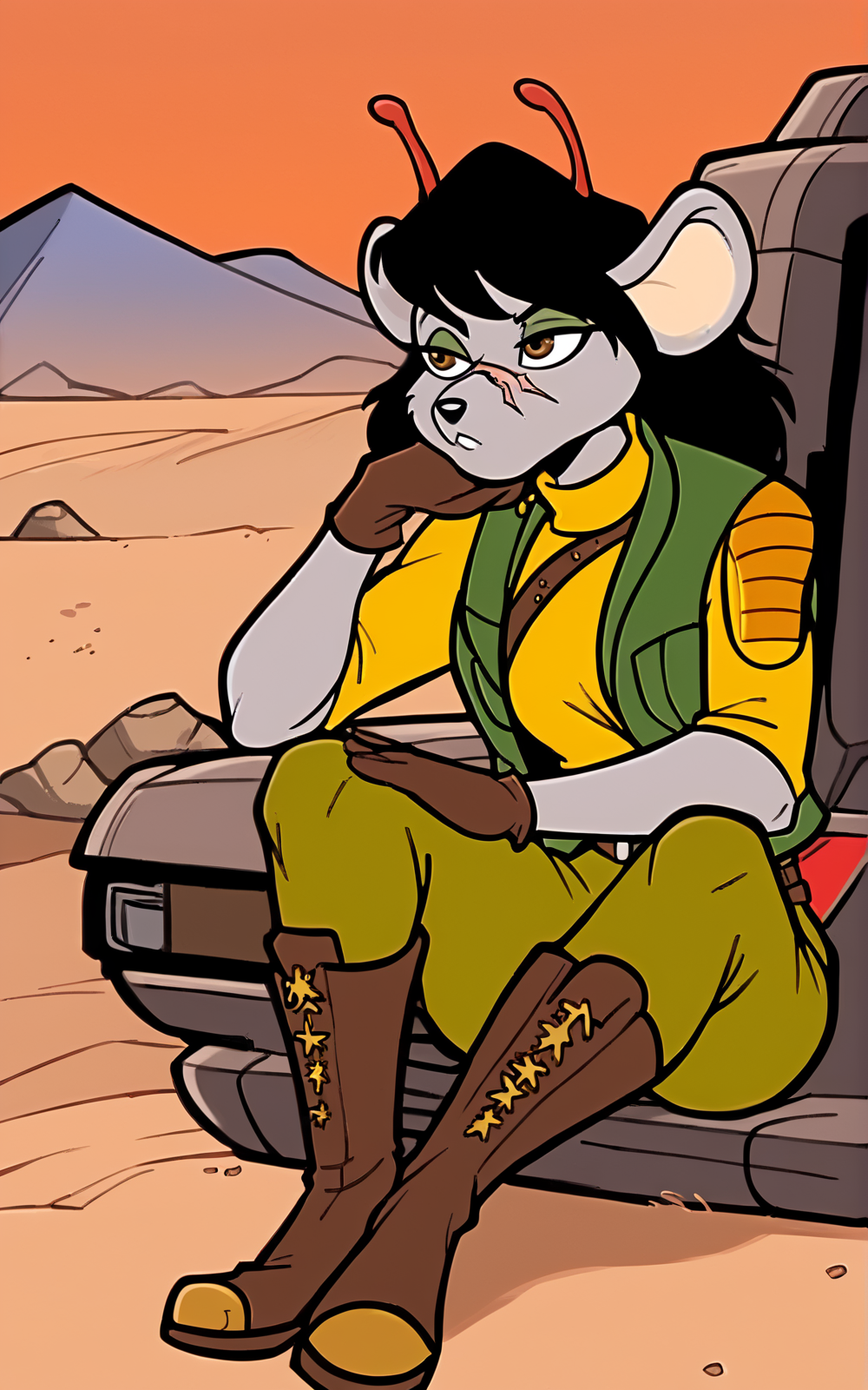 score_9, score_8_up, score_7_up,((best quality)), absurdres, ((full body)), <lora:BolivanteStyle:0.8>,<lora:CBMMPXL:0.8>, military, uniform, military uniform, green vest, vest, turtleneck, yellow shirt, green pants, pants, brown boots, boots, scar on face, grey skin, antennae, red antennae, mouse ears,solo,furry female,black hair,slim,breast, brown eyes ,gloves,tail, sitting, desert, bored, vehicle,rocks,blue sky