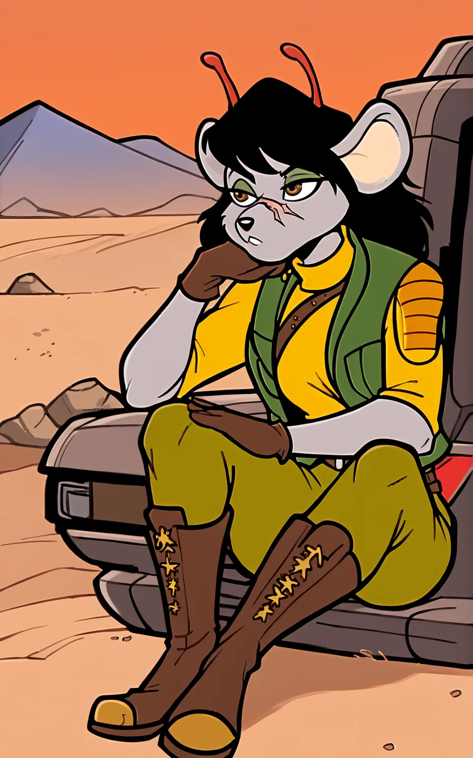 score_9, score_8_up, score_7_up,((best quality)), absurdres, ((full body)), <lora:BolivanteStyle:0.8>,<lora:CBMMPXL:0.8>, military, uniform, military uniform, green vest, vest, turtleneck, yellow shirt, green pants, pants, brown boots, boots, scar on face, grey skin, antennae, red antennae, mouse ears,solo,furry female,black hair,slim,breast, brown eyes ,gloves,tail, sitting, desert, bored, vehicle,rocks,blue sky