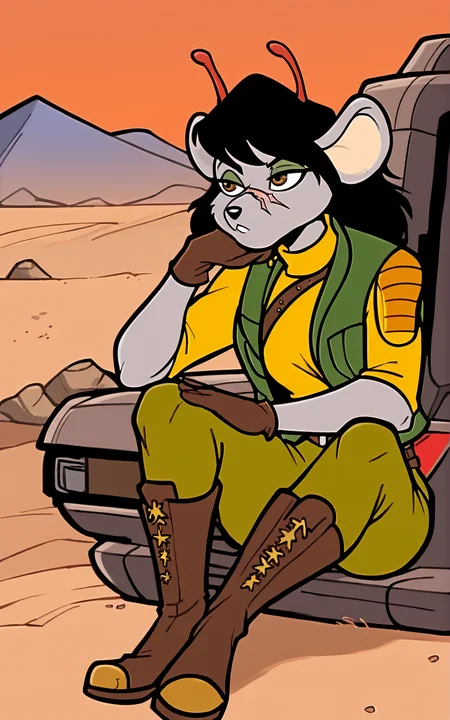 score_9, score_8_up, score_7_up,((best quality)), absurdres, ((full body)), <lora:BolivanteStyle:0.8>,<lora:CBMMPXL:0.8>, military, uniform, military uniform, green vest, vest, turtleneck, yellow shirt, green pants, pants, brown boots, boots, scar on face, grey skin, antennae, red antennae, mouse ears,solo,furry female,black hair,slim,breast, brown eyes ,gloves,tail, sitting, desert, bored, vehicle,rocks,blue sky