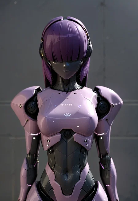 A 35mm photo of a beautiful robotic woman, she has a faceless robotic head, robot, lviolet hair, metallic lavender mesh bodysuit, robotic joints
Robot girl, Mecha, Android, mechanical limbs, robot joints, metal skin, no mouth, armor, no face, noface, cyborg
