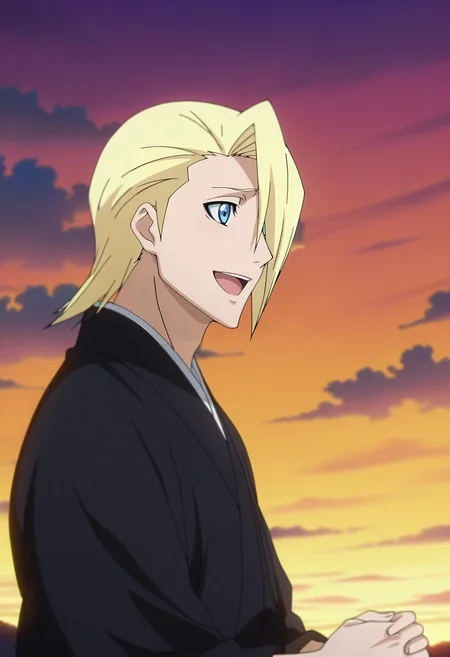masterpiece, best quality, , anime screencap, anime coloring, official style, , 1boy, solo, male focus, <lora:izuru_kira_ilxl:0.98>, izuru_kira, blonde hair, blue eyes, short hair, hair over one eye, black kimono, from side, heaven, clouds, midnight, own hands together, :D,