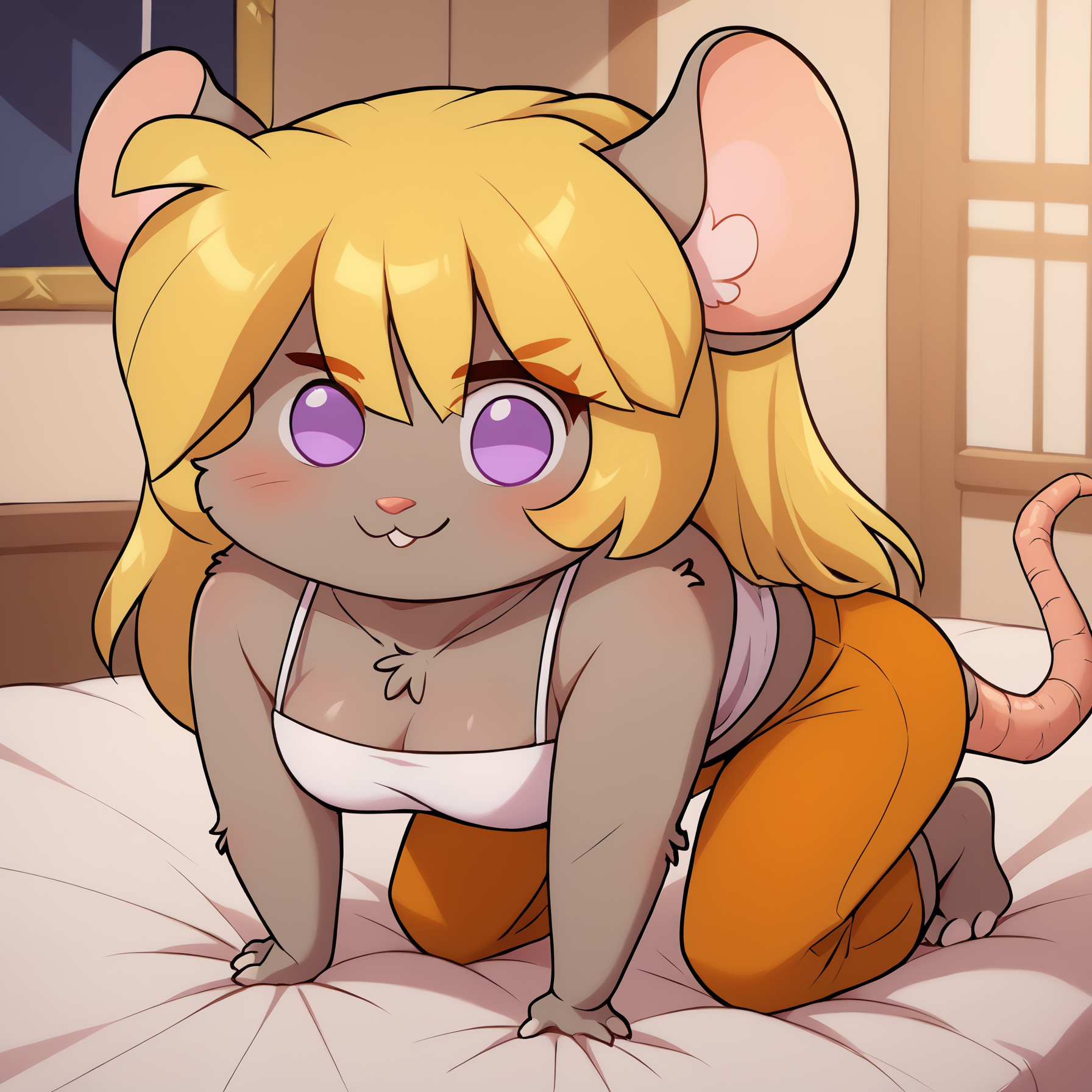 score_9, score_8_up, score_7_up, BREAK 1girl, solo, tootsie, purple eyes, animal ears, mouse girl, mouse tail, grey fur, blonde hair, long hair, medium breasts, <lora:TootsieRoswellPDXL_V1-Manityro-CAME:1.0>, indoors, bedroom, on bed,
<lora:Doro_X_PDXL_V1:1.0>, doro, creature, :3, chibi, no humans, four legs, solid circle eyes, no pupils, all fours, full body,
orange pants, white crop top,