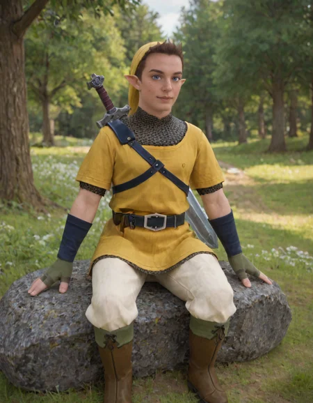score_9, score_8_up, score_7_up, outdoors, tree, grass, sitting, stream, on rock
BREAK <lora:Pipit_-_Zelda_Skyward_Sword_-_Pony:0.8> ss_pipit, mature, male, pointy ears, brown hair, short hair, blue eyes, freckles, yellow hat, yellow tunic, chainmail undershirt, blue fingerless gloves, belt, pants, boots, chest harness, scabbard, sword, weapon on back