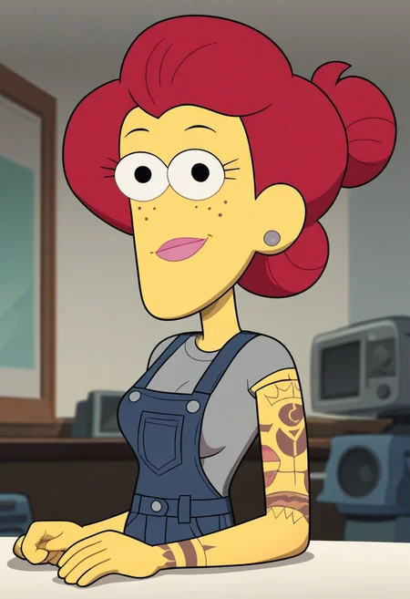 score_9, score_8_up, score_7_up,perfect face,show accurate,screen cap,black dot eyes,Nancy Green from Big City Greens,hairbun,red hair,light yellow skin,,looking at viewer,black dot eyes,medium breasts,happy face,full open eyes,full clothed,purple overalls,grey shirt,, closed mouth, oiled body,, , , upper body,mature woman, milf, tattooed left arm,side view,trying to cover her breasts