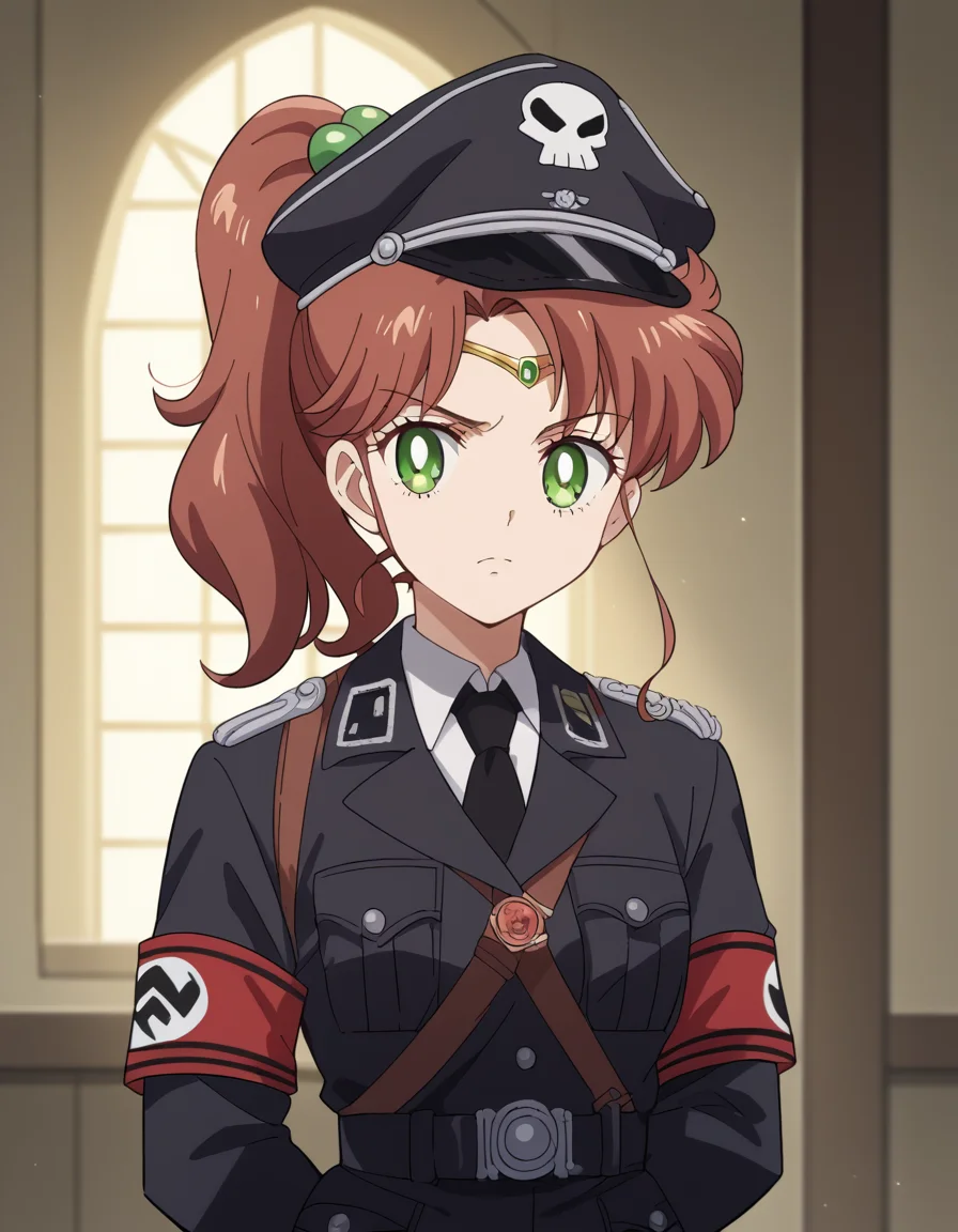 score_9, score_8_up, score_7_up, source_anime, <lora:makoto-kino-eternal-movie1-ponyxl-lora-nochekaiser_r1:1>, makoto kino, brown hair, circlet, green eyes, hair bobbles, hair ornament, medium hair, ponytail, sidelocks, parted bangs,, <lora:warden-ponyxl-lora-nochekaiser_r1:1>, skull hat ornament, uniform, military uniform, black uniform, hat, cap, black cap, armband, collared shirt, black necktie,, indoors, hands behind back,, cowboy shot,