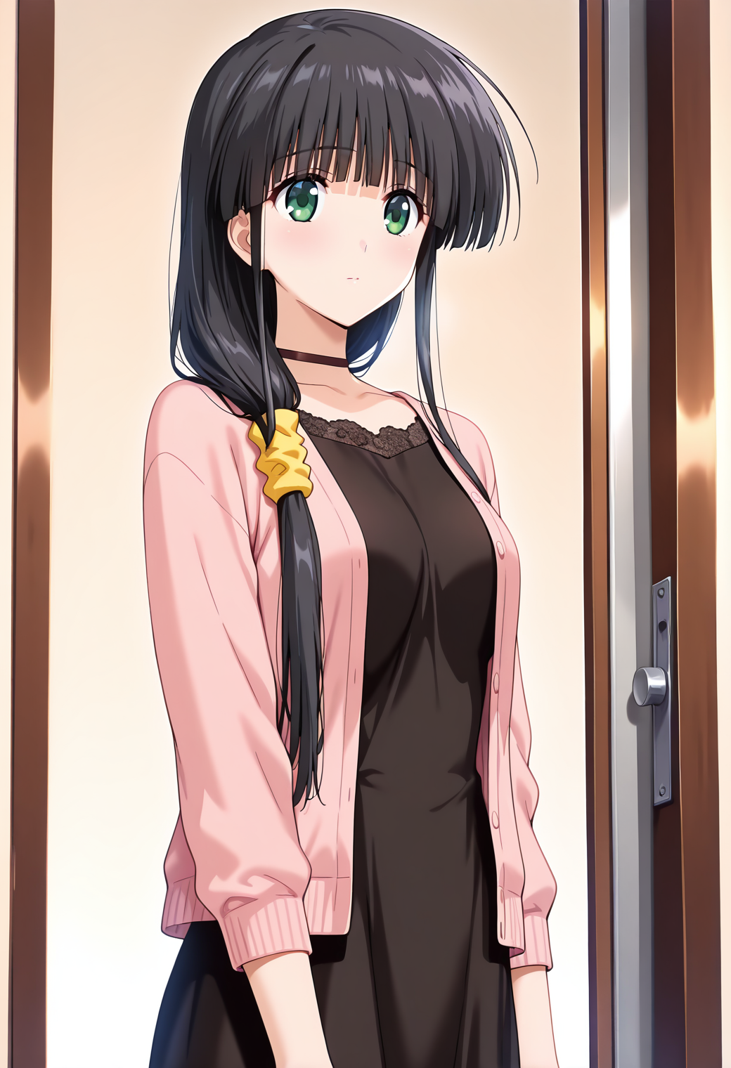 masterpiece, best quality, very aesthetic, absurdres, 1girl, solo,
<lora:hasebe_aya_v01:0.9>, hasebe_aya, aya_casual2, black hair, low-tied long hair, ponytail, hair over shoulder, blunt bangs, sidelocks, green eyes,
yellow scrunchie, choker, pink cardigan, long sleeves, black dress, posing