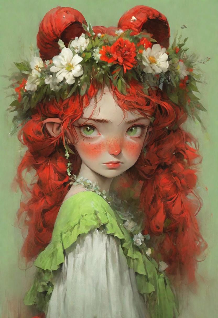 masterpiece,   best quality,
red pigtails, a wreath of flowers on her head,freckles, a green dress