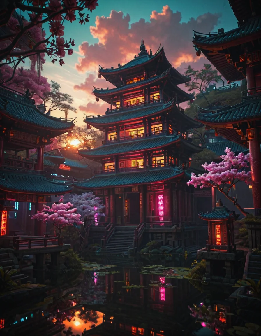 <lora:Cyberpunk_Temples_illd:1.0> ct_ill, cyberpunk asian temple, neons, cherry blossom, glowing kanji, glowing flowers, vegetation, stairs, sunset, wet, pond, trees,