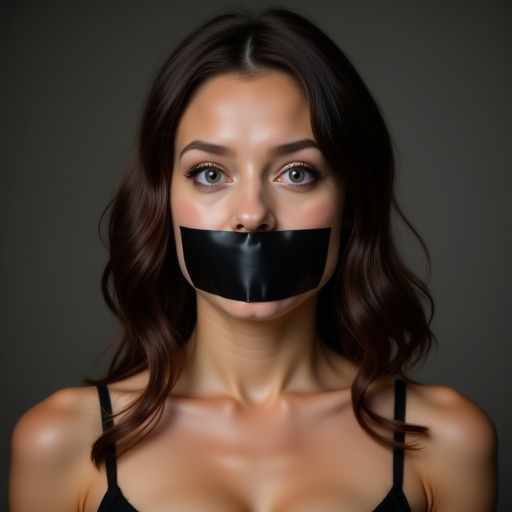 black duct tape gag is securely wrapped around her mouth, numbering around 20, styled in loose waves cascading over her shoulders. Her piercing blue eyes are wide open, creating a sense of unity and uniformity. They appear to be of various ethnic backgrounds, each secured with black hair ties. She has a stern expression, shock, spaghetti-strap top that reveals her shoulders and collarbones. She wears a black duct tape gag over her mouth