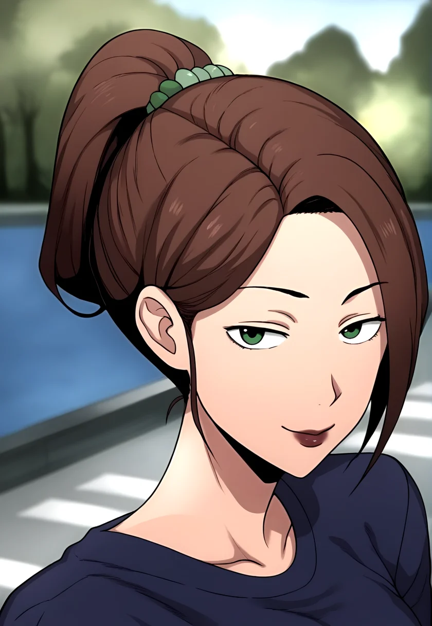 score_9,style by terasu mc BREAK outdoors, blurry background, depth of field, BREAK <lora:mori-terasumc-xl:0.8>,mori_kaede_\(terasu_mc\),1girl,brown hair,ponytail,green eyes,cowboy shot,seductive smile,lips,