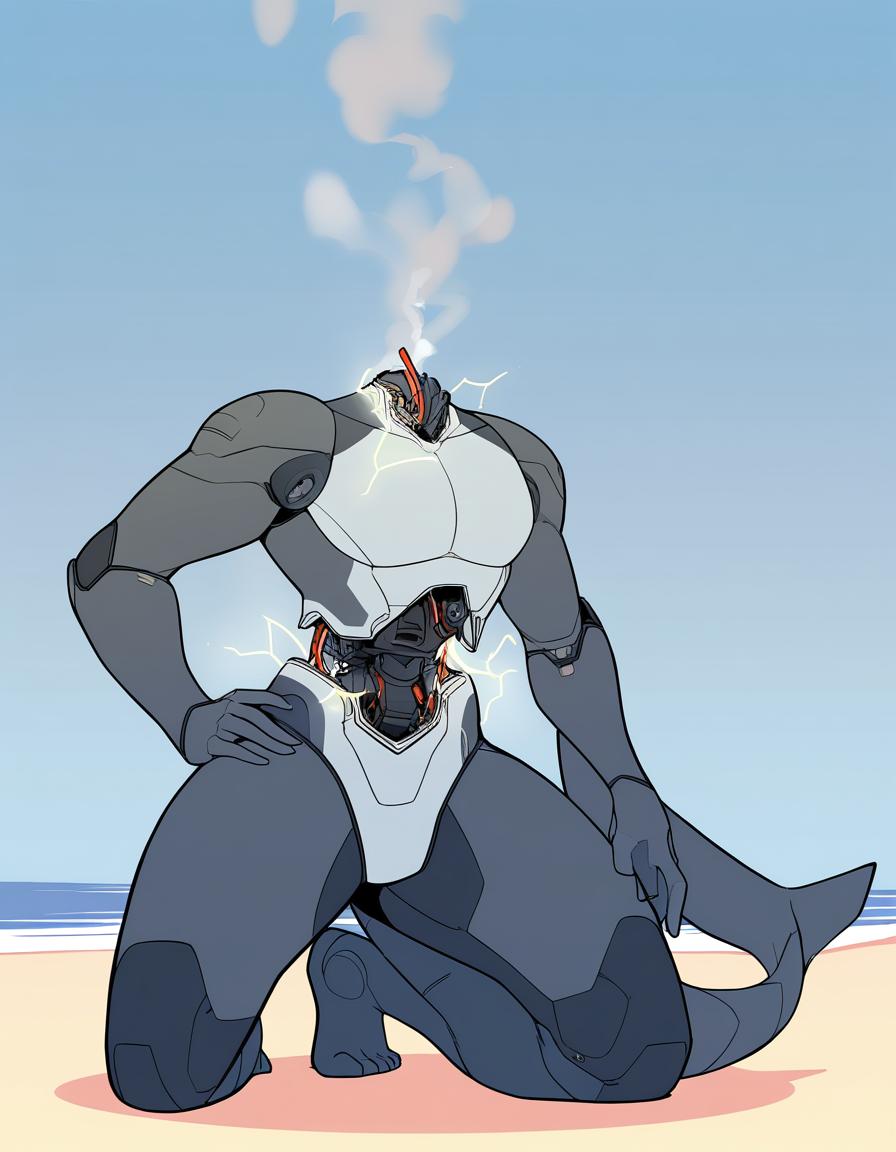 solo, robot, shark, grey body, male, (missing head), damaged belly, kneeling, beach, hand on hip, tail, fin, full-length portrait, 5 fingers, 5 toes, [kemono, flat colors, smoke, [electricity]], (masterpiece, best quality), absurdres, highres